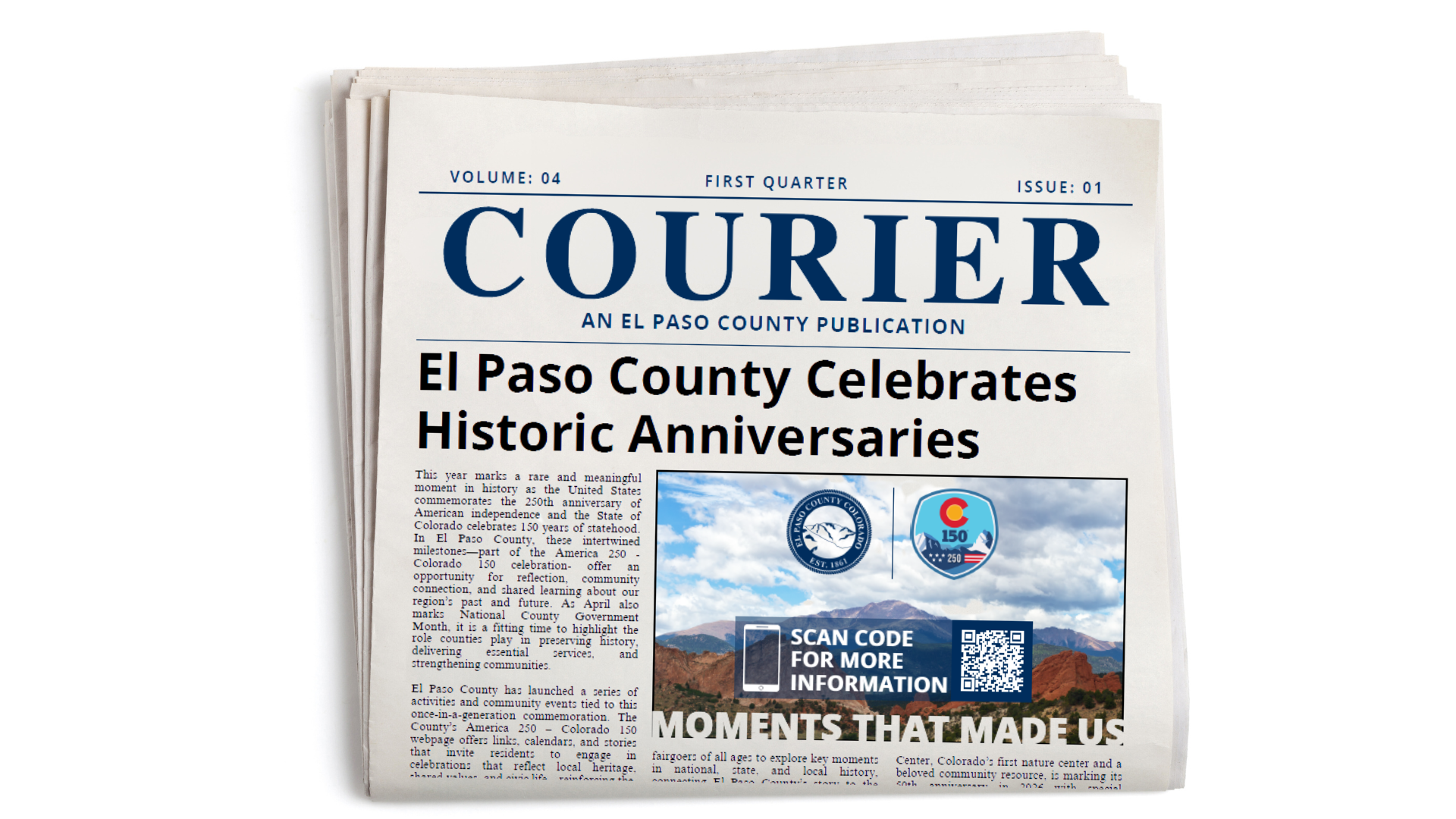 Graphic of an image of a folded newspaper with the COURIER on the front page for the Volume 4 Issue 1 edition.