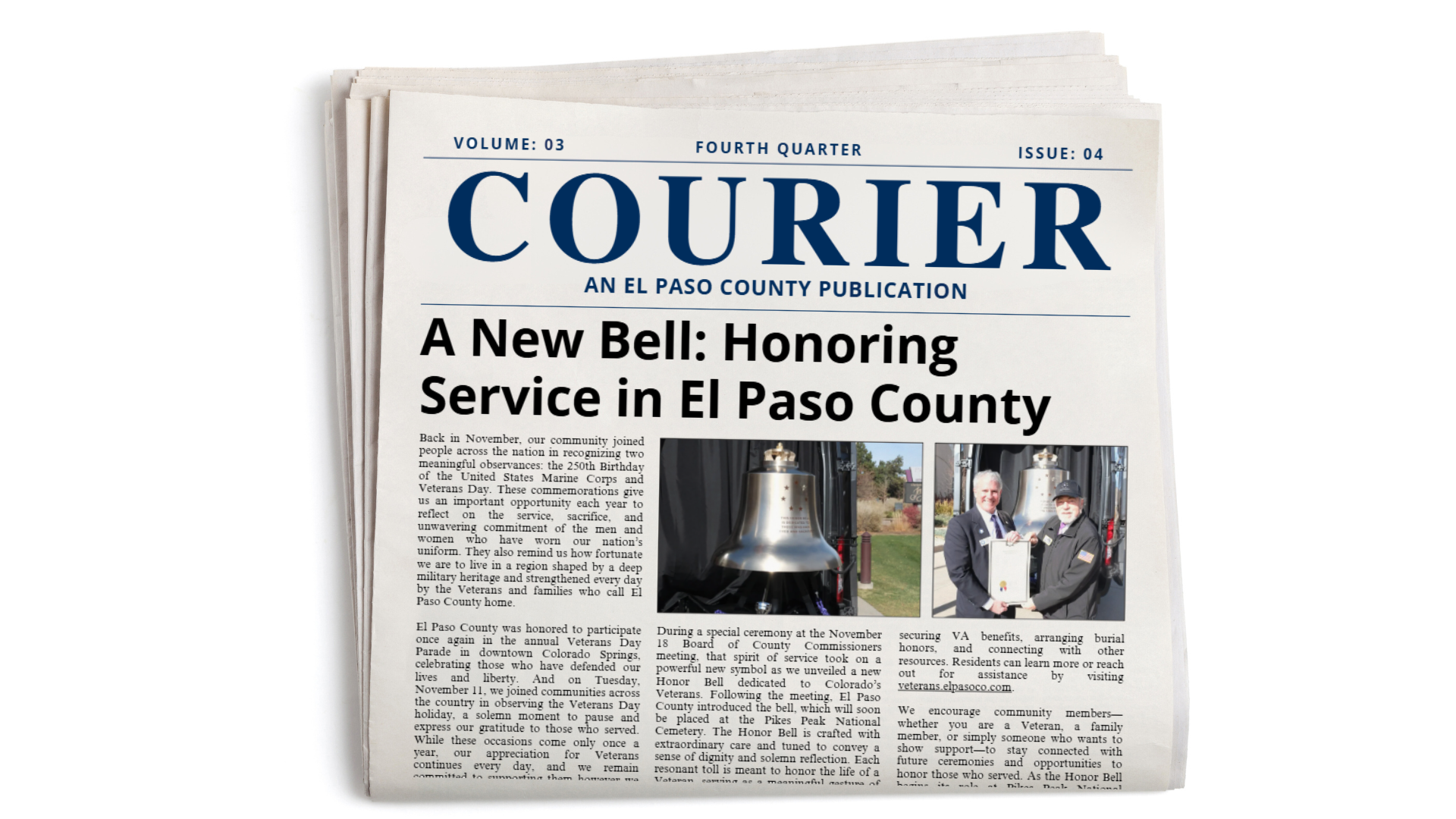 Graphic image of a newspaper folded in half with the front of the 4th Quarter 2025 Courier featuring the title article A New Bell Honoring Service In El Paso County