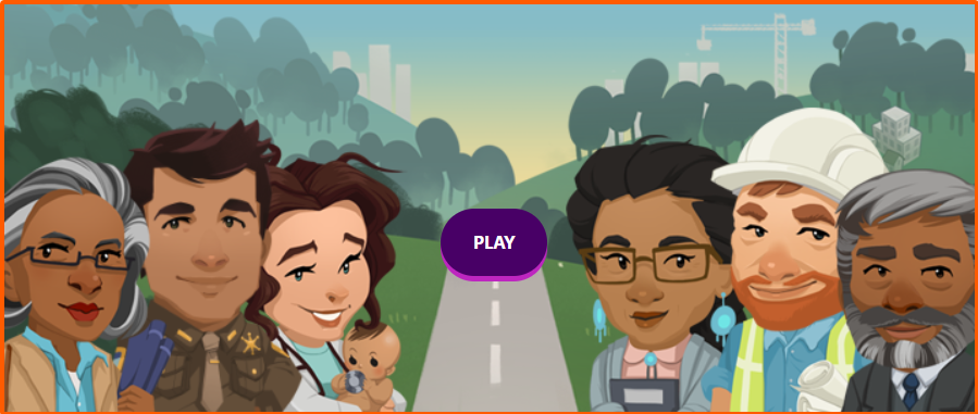 Screen snip of the iCivics Counties Work game. It depicts characters in various outfits that fall under county civics. The image also contains a "Play" button in the center.