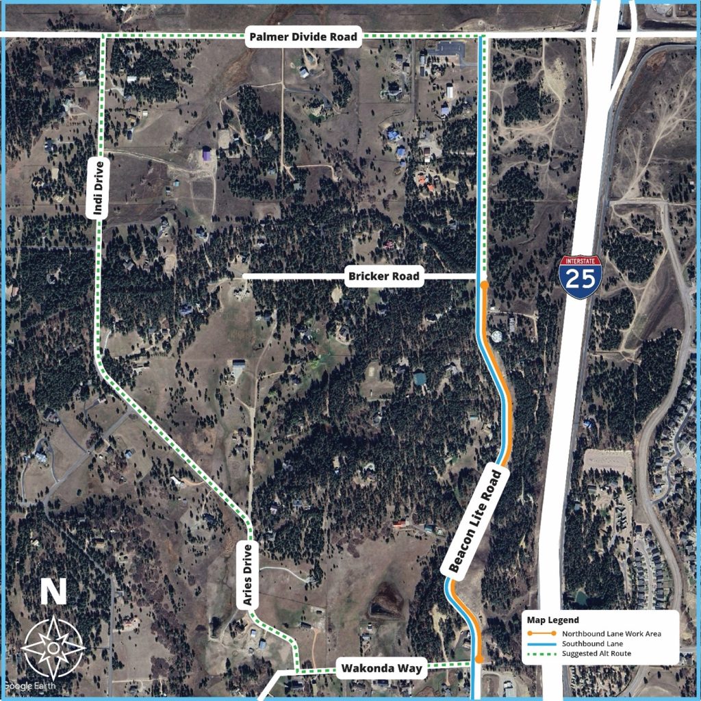 Project map showing the Beacon Lite Road work zone between Wakonda Way and Bricker Road, west of Interstate 25. A suggested alternate route is shown using Wakonda Way, Aries Drive, Indi Drive, and Palmer Divide Road to help drivers avoid delays near the work area. The map includes a north arrow and a legend.