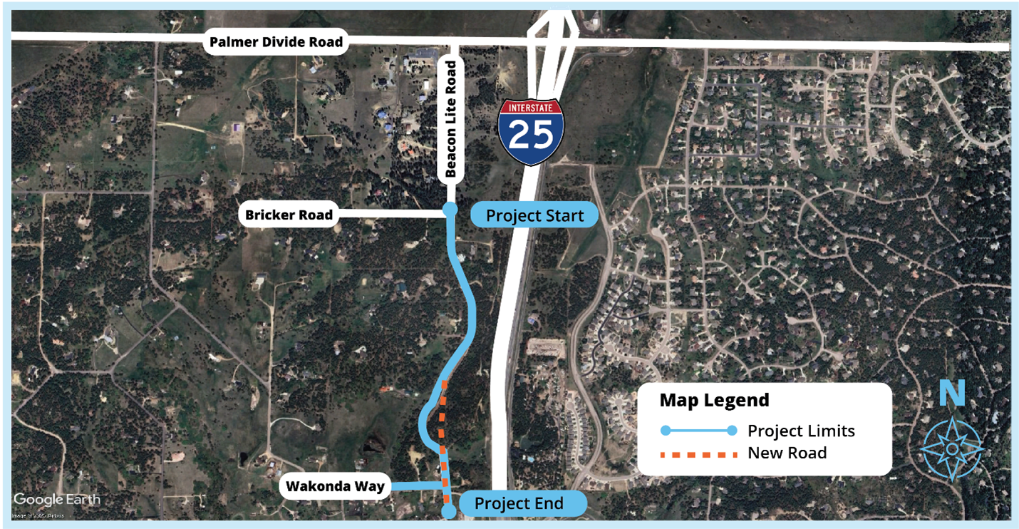 Map of the Beacon Lite Road project in north El Paso County showing limits from Bricker Road to Wakonda Way, with a dashed orange segment for the new roadway section near the south end.