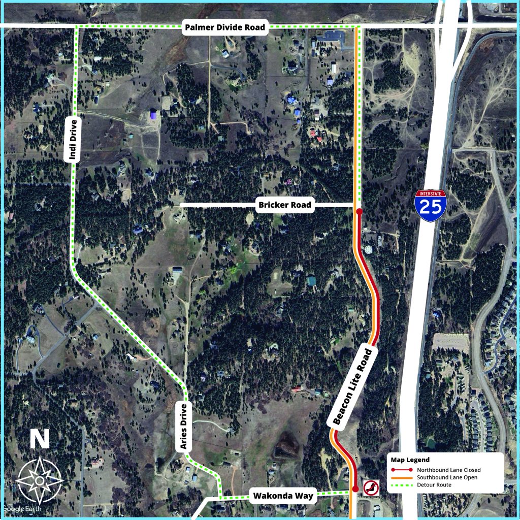 Project map showing the Beacon Lite Road work zone closure between Wakonda Way and Bricker Road, west of Interstate 25.