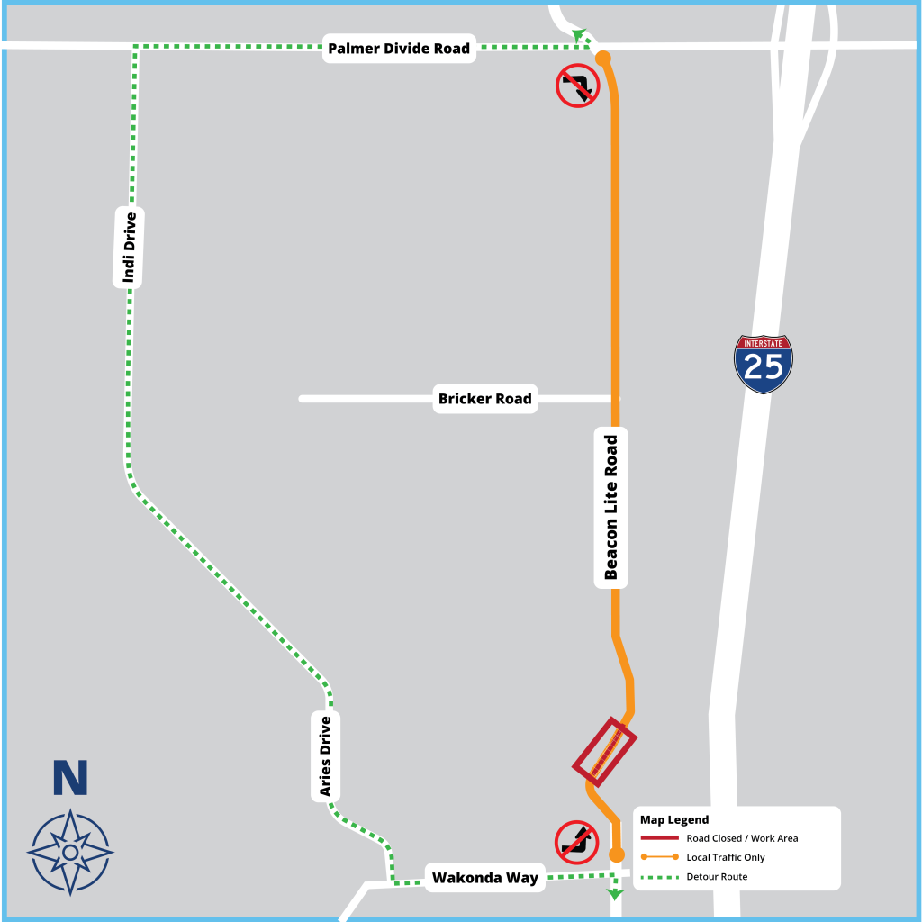 Map showing full closure of Beacon Lite Road from Wakonda Way to Palmer Divide Road. The alternative route is Aries Drive to Indi Drive to Palmer Divide Road.