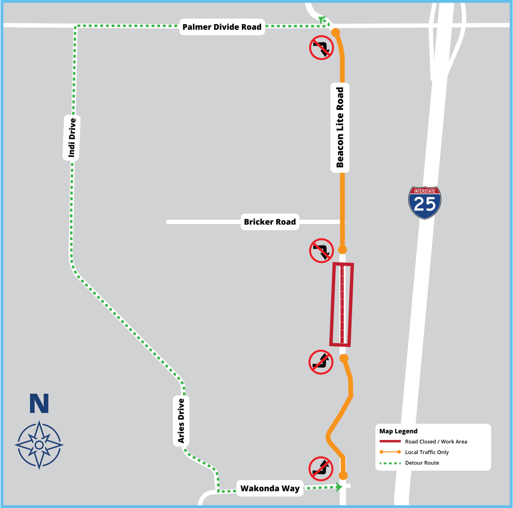 Beacon Lite Road Closure from Wakonda Way to Palmer Divide Road. Alternate routes are Indi Drive to Aries Drive.