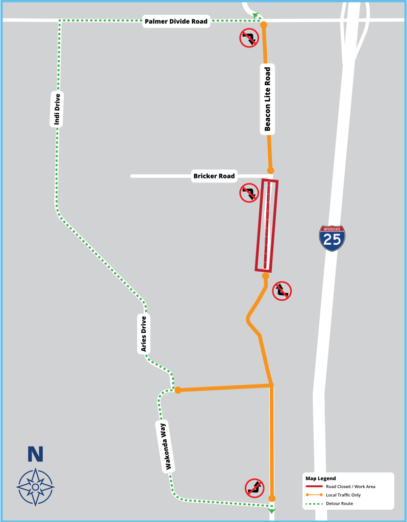 Road closure map detailing no right turn from Bricker Road onto Beacon Lite Road and no left hand turn from Wakonda Way onto Beacon Lite Road.
