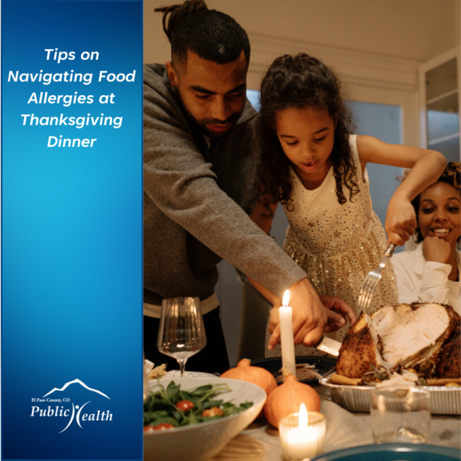 Thanksgiving food allergies sm graphic Graphic shows family eating Thanksgiving and reads "Tips on Navigating Food Allergies at Thanksgiving Dinner"