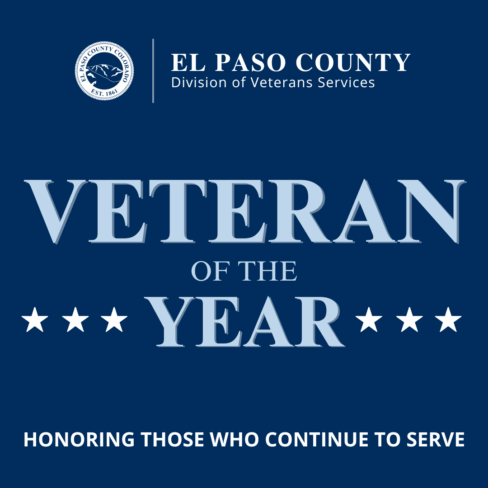 Square graphic image with blue background and the Division of Veterans Services logo at the top and wording that reads Veteran of the Year