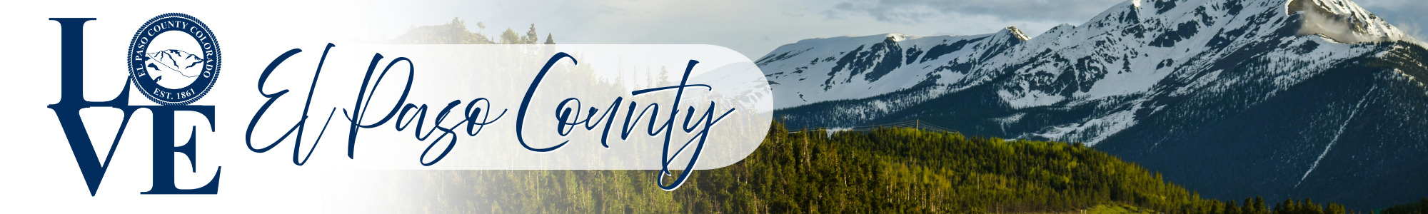 A Rocky Mountain peak with snow. The El Paso County "Love" logo is included with the county seal logo as the "O" in love.