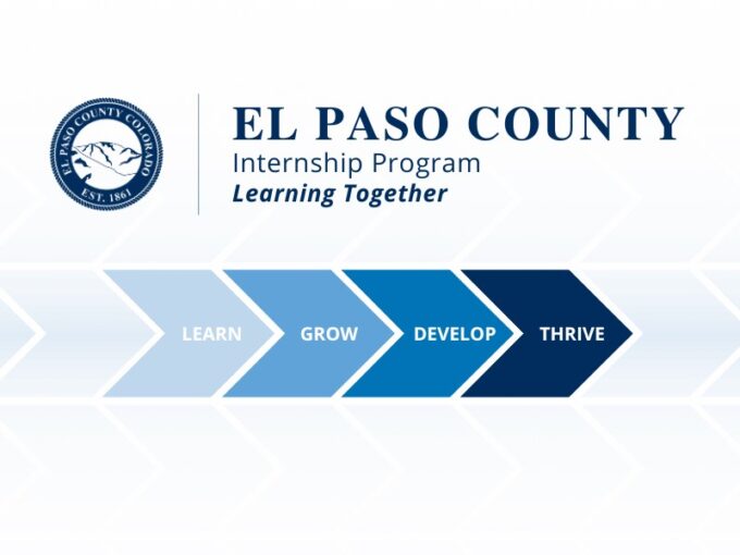 Internship Program Form Header Graphic for the El Paso County Internship Program that emphasizes "Learning Together" with a 4-part arrow that highlights the characteristics: Learn, Grow, Develop, and Thrive