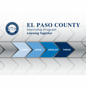 Graphic for the El Paso County Internship Program that emphasizes "Learning Together" with a 4-part arrow that highlights the characteristics: Learn, Grow, Develop, and Thrive