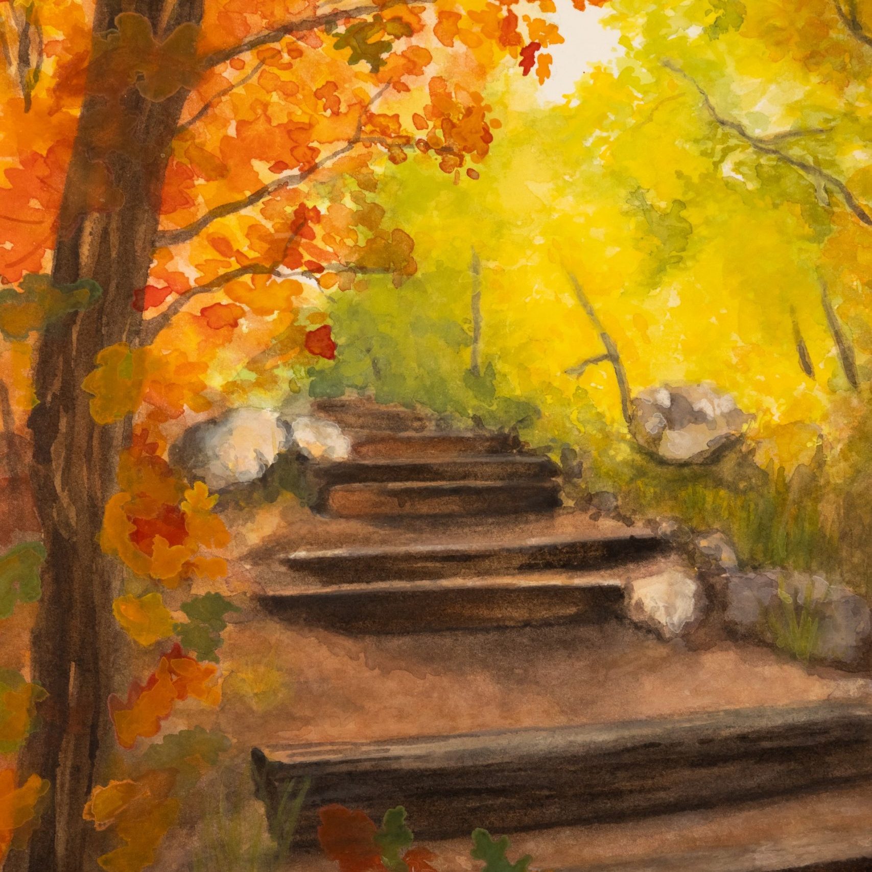 Watercolor painting of a trail surrounded by fall foliage