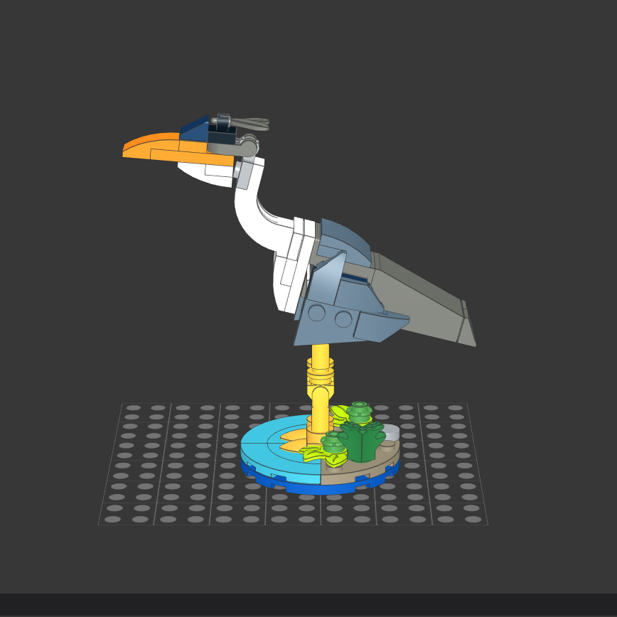 Digital rendering of a great blue heron using LEGO pieces.