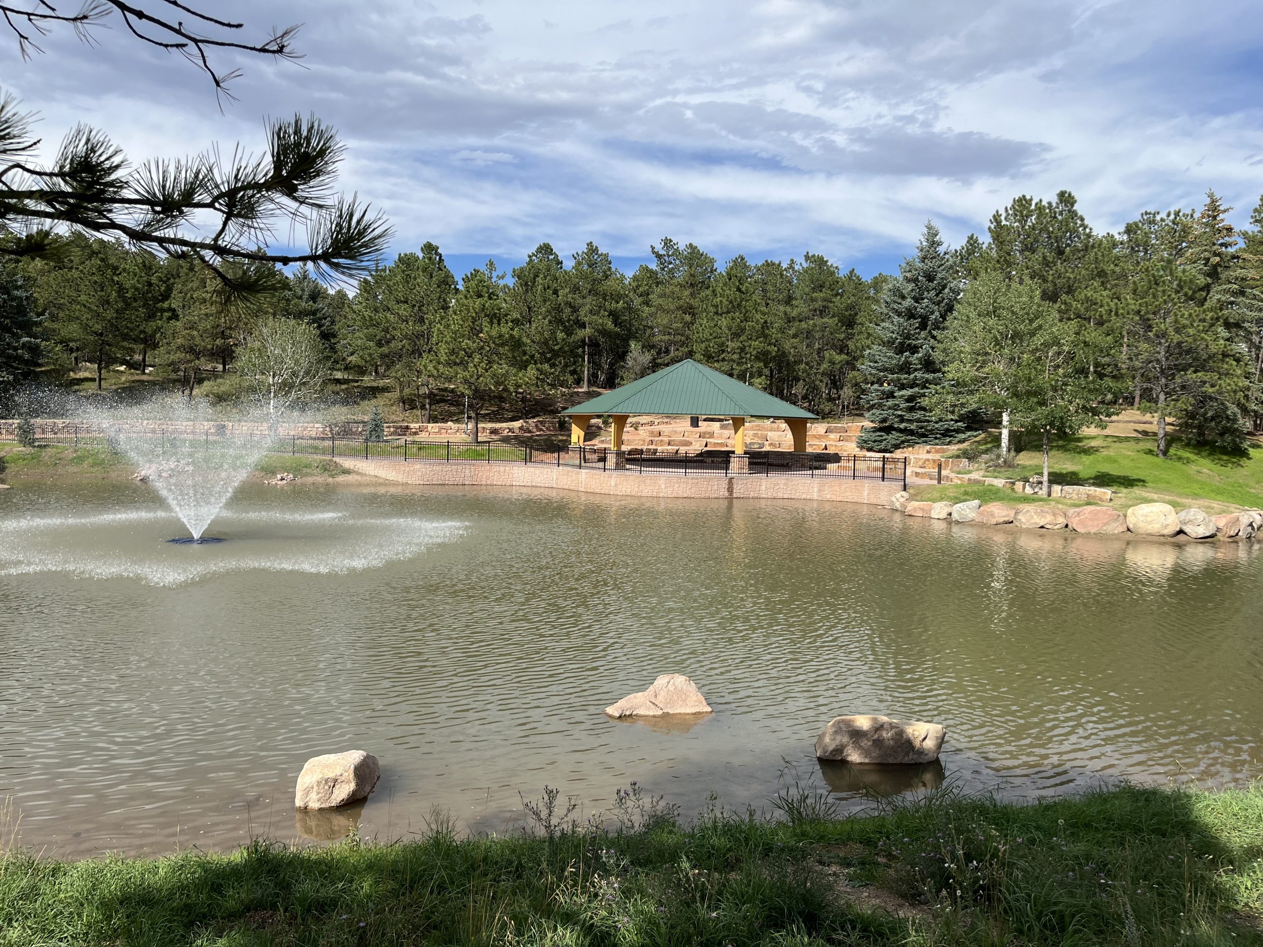 Gazebo overlooking lake fountain