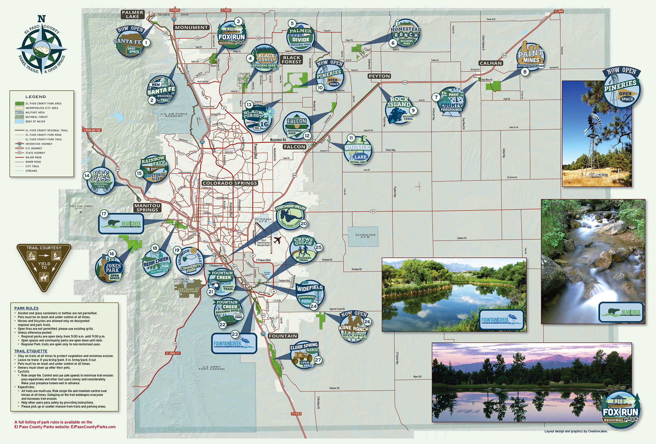 Map show the locations of all El Paso County Parks, Trails and Openspaces
