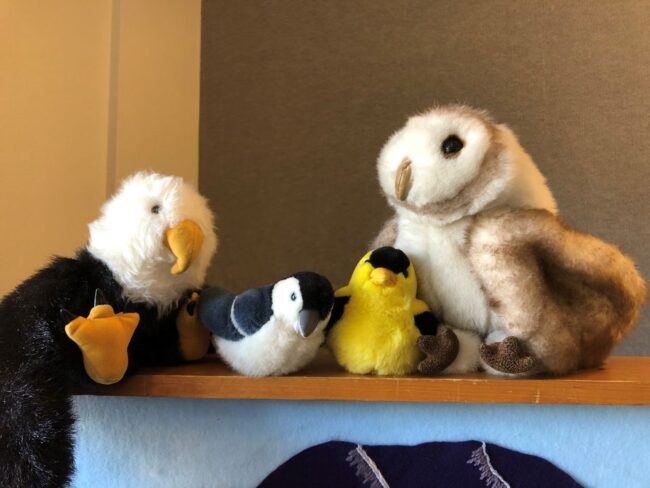 Puppets (from left to right) of a bald eagle, chickadee, goldfinch and barn owl rest at the top of a puppet stage