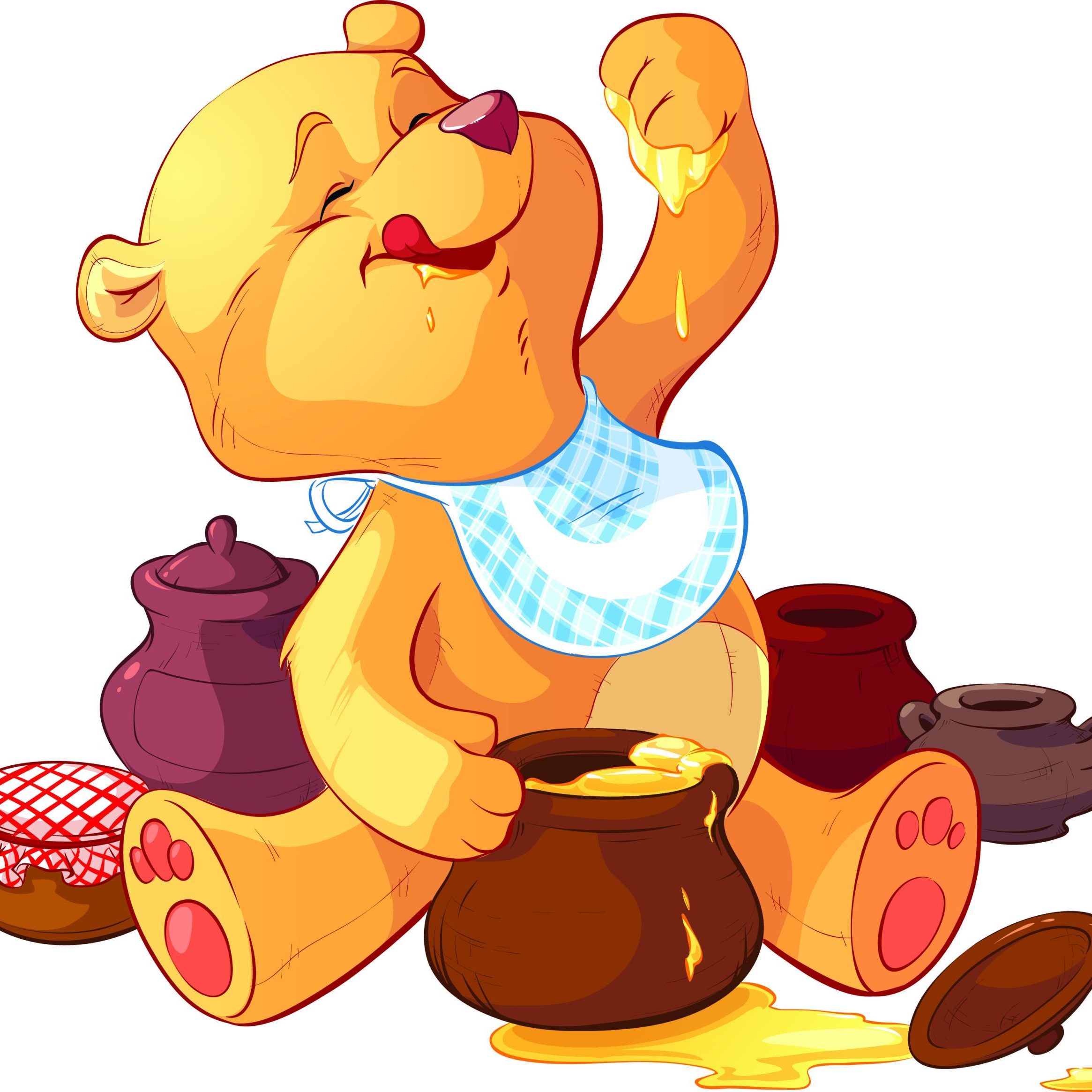 Theater Across Borders A cartoon yellow bear surrounded by pots smiles with honey dripping from its paw.
