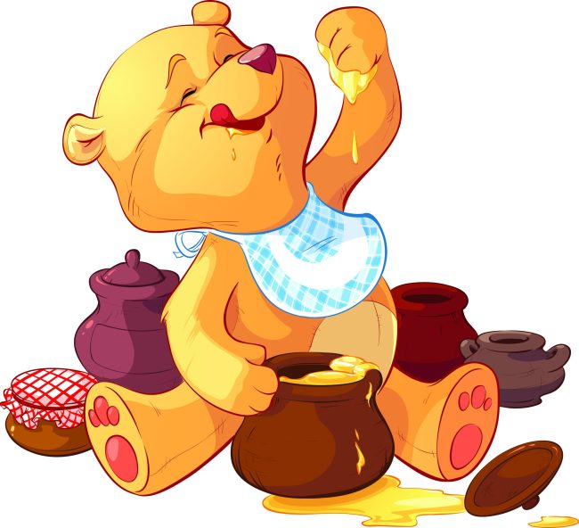 Theater Across Borders A cartoon yellow bear surrounded by pots smiles with honey dripping from its paw.