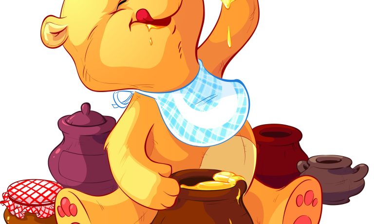 A cartoon yellow bear surrounded by pots smiles with honey dripping from its paw.