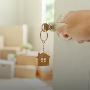 Change of Address Key with a wooden home keychain opening a door to a room with boxes